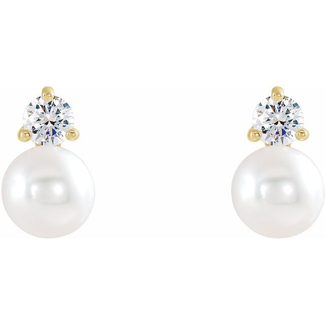 14K Yellow Cultured White Freshwater Pearl & 1/8 CTW Natural Diamond Earrings