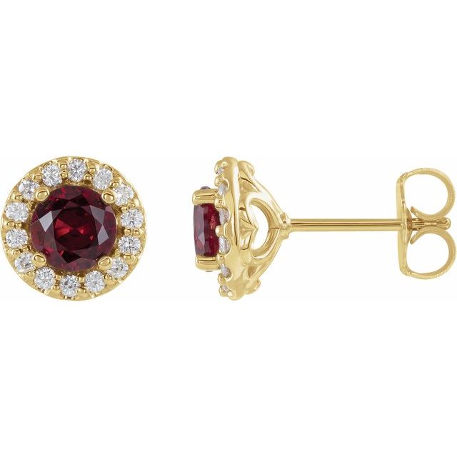14K Yellow 4 mm Lab-Grown Ruby & 1/8 CTW Natural Diamond Earrings