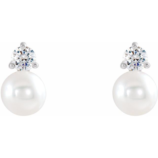 14K White Cultured White Freshwater Pearl & 1/5 CTW Natural Diamond Earrings