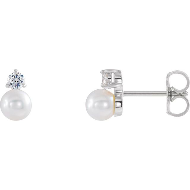 14K White Cultured White Freshwater Pearl & 1/5 CTW Natural Diamond Earrings