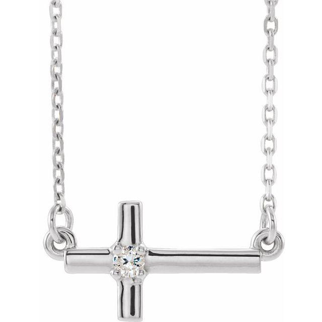 14K White .03 CTW Natural Diamond Sideways Cross 16-18' Necklace