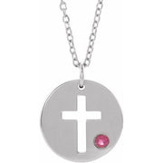 14k White Natural Tourmaline Pierced Cross Disc 16-18' Necklace