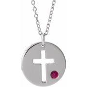 Sterling Silver Imitation Ruby Pierced Cross Disc 16-18' Necklace