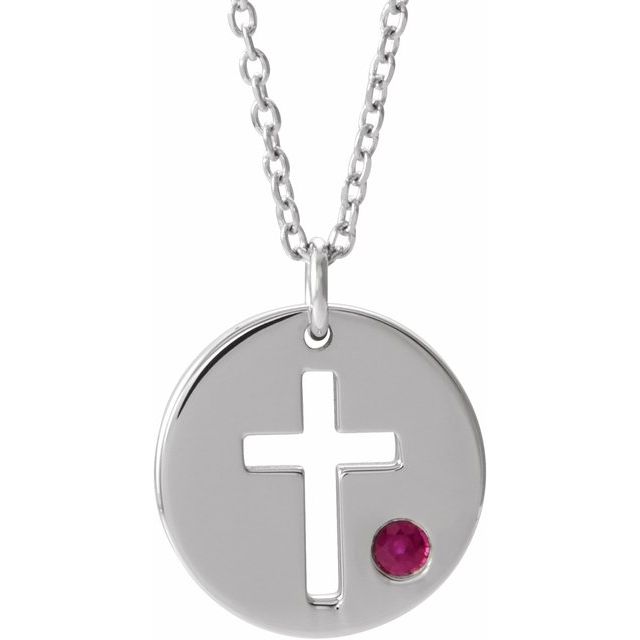 Sterling Silver Imitation Ruby Pierced Cross Disc 16-18' Necklace