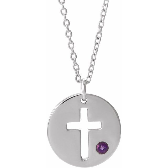 14k White Natural Amethyst Pierced Cross Disc 16-18' Necklace