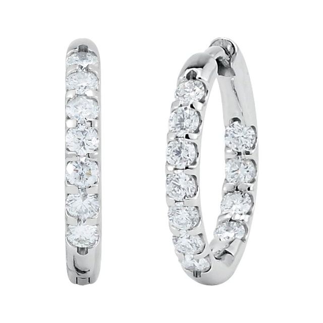 14K White 1 1/8 CTW Natural Diamond Inside-Outside Hinged 18.5 mm Hoop Earrings