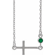 14k White Natural Emerald Sideways Cross 16-18' Necklace