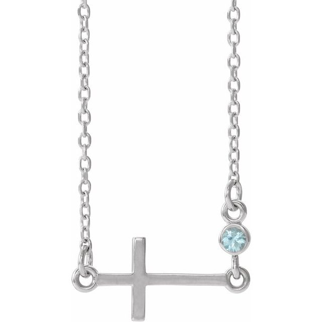 Sterling Silver Natural Blue Zircon Sideways Cross 16-18' Necklace