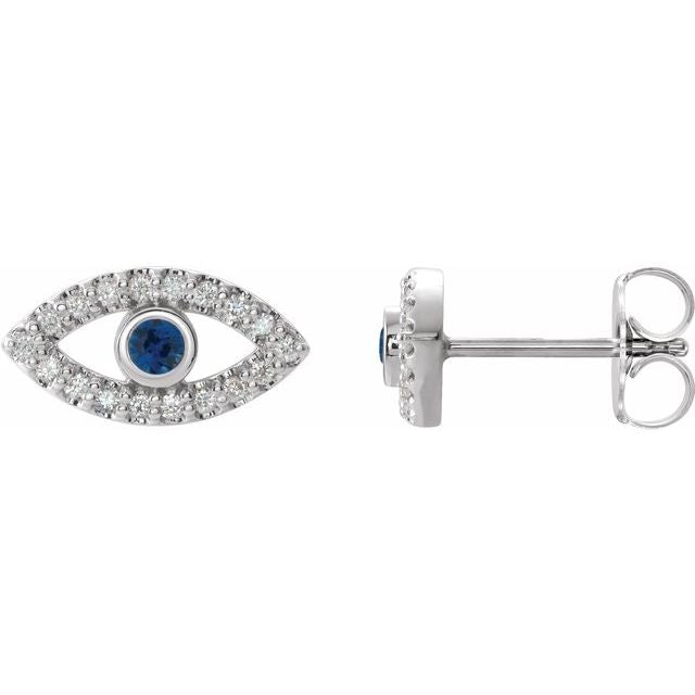 14K White Natural Blue Sapphire & 1/8 CTW Natural Diamond Evil Eye Earrings