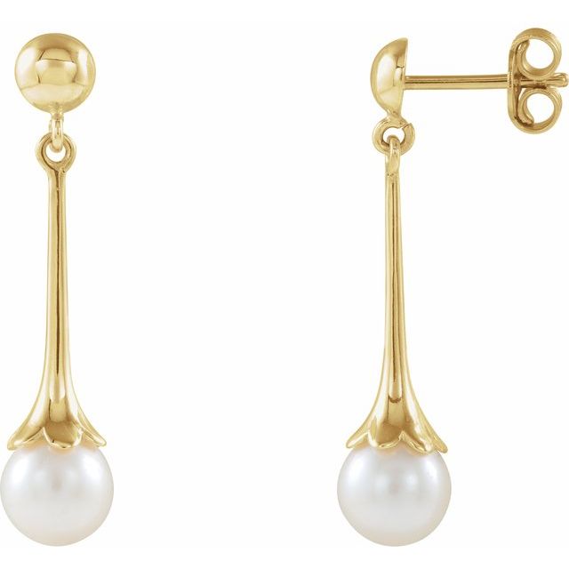14K Yellow Cultured White Freshwater Pearl Earrings