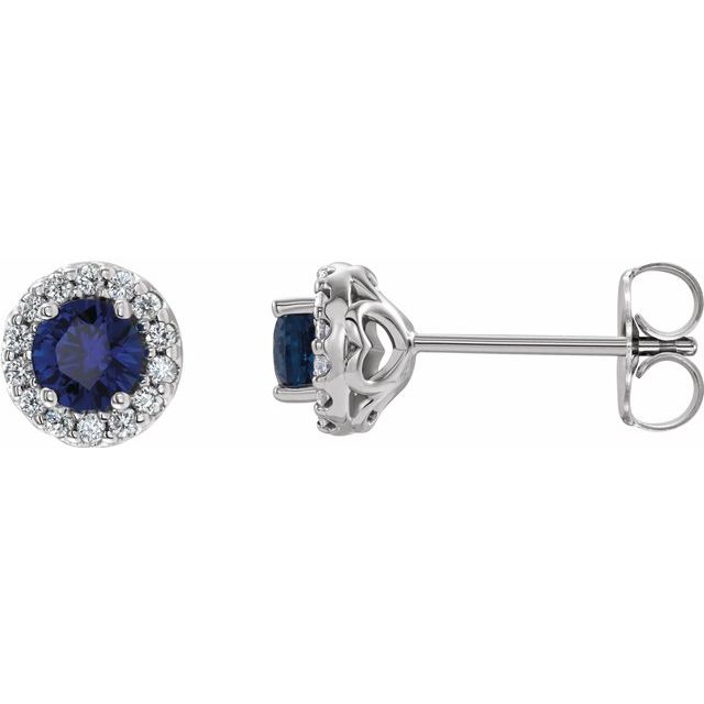 14K White 4 mm Natural Blue Sapphire & 1/8 CTW Natural Diamond Earrings