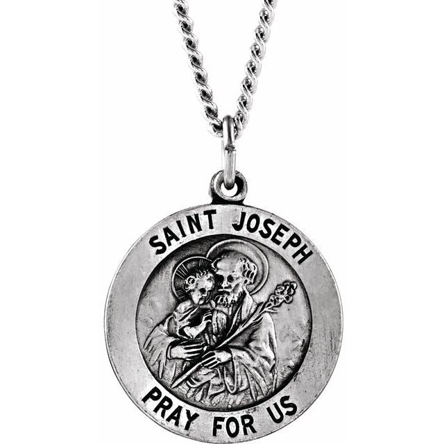 Sterling Silver 25 mm Round St. Joseph Medal 24' Necklace