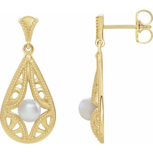 14K Yellow Cultured White Freshwater Pearl Vintage-Inspired Earrings