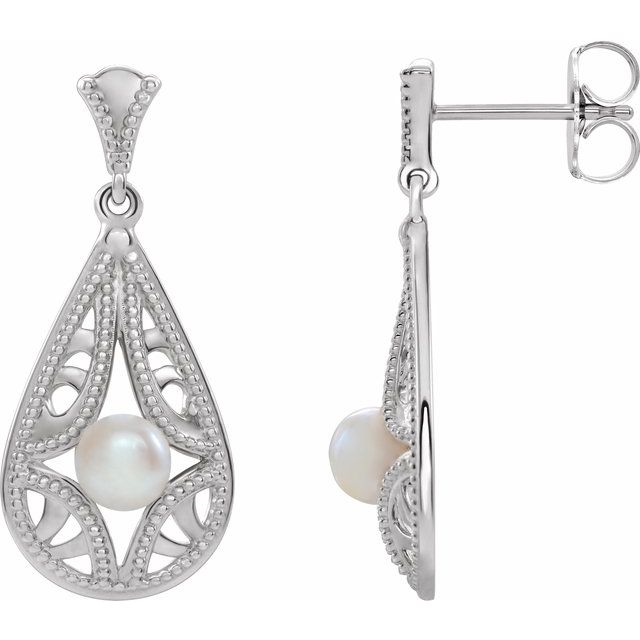 14K White Cultured White Freshwater Pearl Vintage-Inspired Earrings