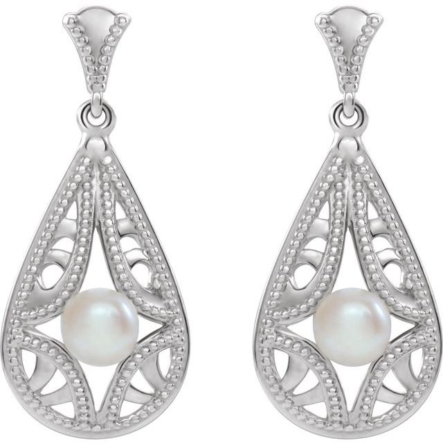14K White Cultured White Freshwater Pearl Vintage-Inspired Earrings