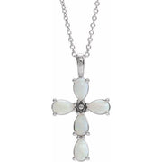14K White Natural White Opal Cabochon Cross 16-18' Necklace
