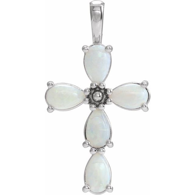 14K White Natural White Opal Cabochon Cross Pendant