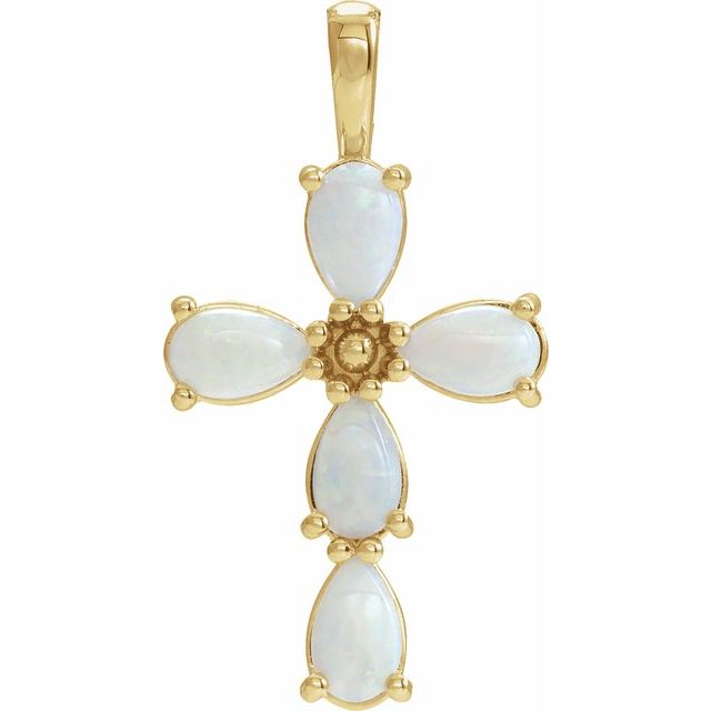 14k Yellow Natural White Opal Cabochon Cross Pendant