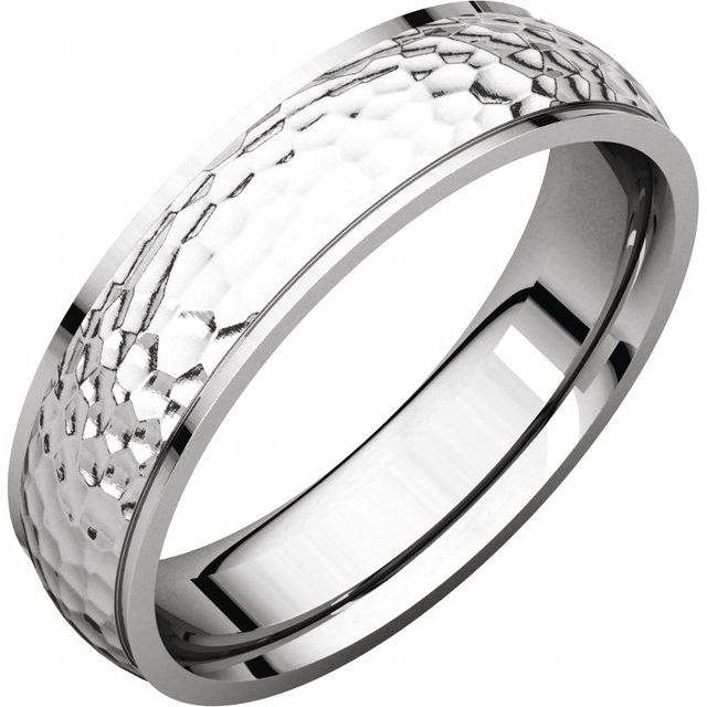 14k White 5 Mm Half Round Edge Band With Hammered Texture Size 7