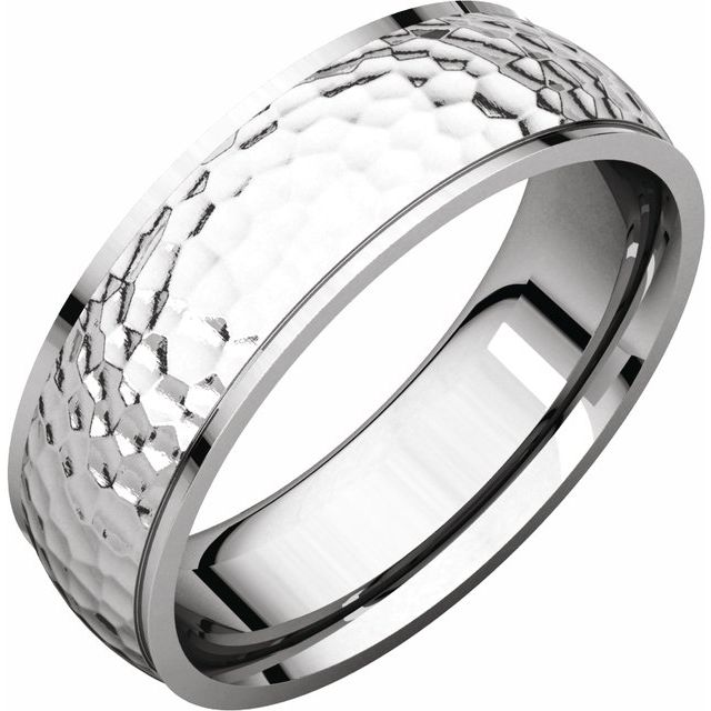 14k White 6 Mm Half Round Edge Band With Hammered Texture Size 8.5
