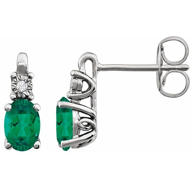14k White  Lab-grown Emerald & .02 Ctw Natural Diamond Earrings