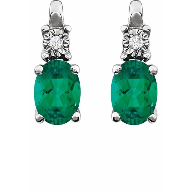 14k White  Lab-grown Emerald & .02 Ctw Natural Diamond Earrings