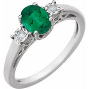 14k White Lab-grown Emerald And .04 Ctw Natural Diamond Ring