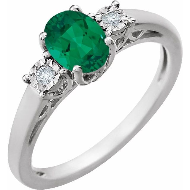 14k White Lab-grown Emerald And .04 Ctw Natural Diamond Ring