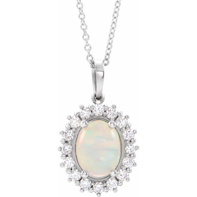 14K White Natural White Opal & 1/3 CTW Natural Diamond Halo-Style 16-18' Necklace