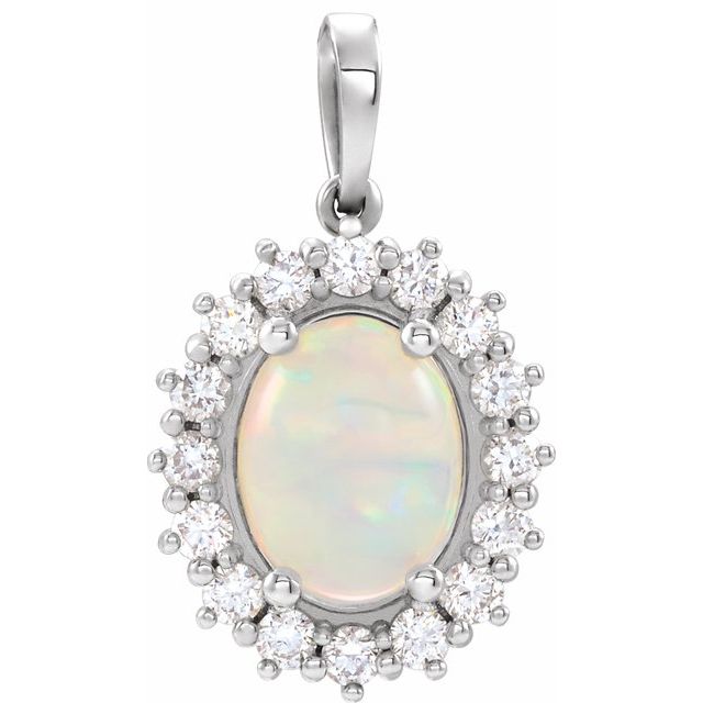 14K White Natural Ethiopian Opal & 1/3 CTW Natural Diamond Halo-Style Pendant