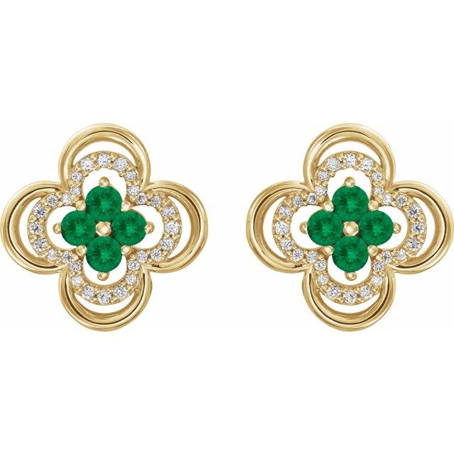 14K Yellow Natural Emerald & 1/5 CTW Natural Diamond Clover Earrings