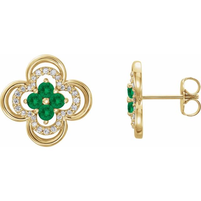 14K Yellow Natural Emerald & 1/5 CTW Natural Diamond Clover Earrings
