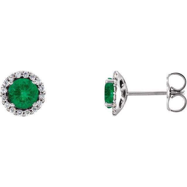 14k White 3 Mm Natural Emerald & 1/10 Ctw Natural Diamond Earrings
