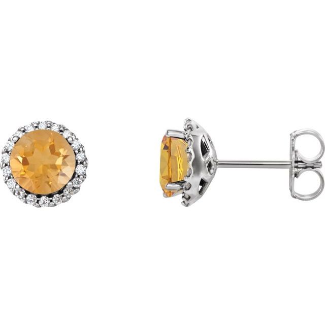 14K White 3 mm Natural Citrine & 1/10 CTW Natural Diamond Earrings