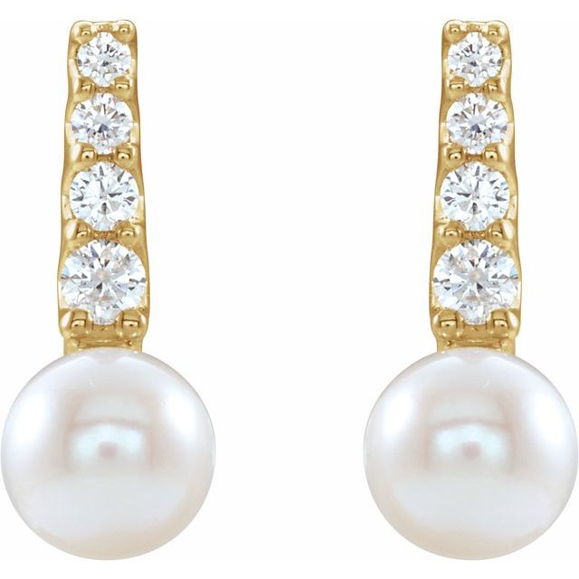 14K Yellow Cultured White Freshwater Pearl & 1/6 CTW Natural Diamond Earrings
