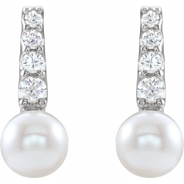 14K White Cultured White Freshwater Pearl & 1/6 CTW Natural Diamond Earrings