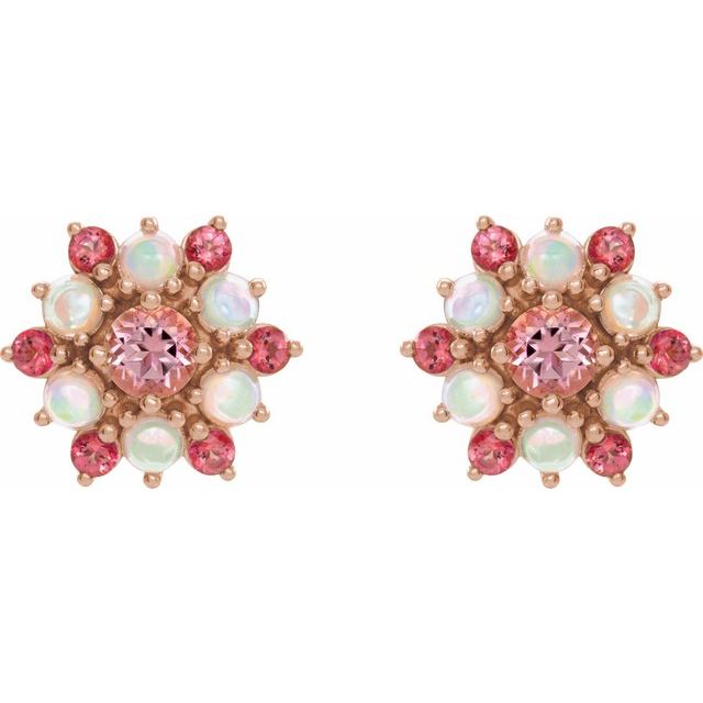 14K Rose Natural Pink Tourmaline & Natural Ethiopian Opal Cabochon Earrings
