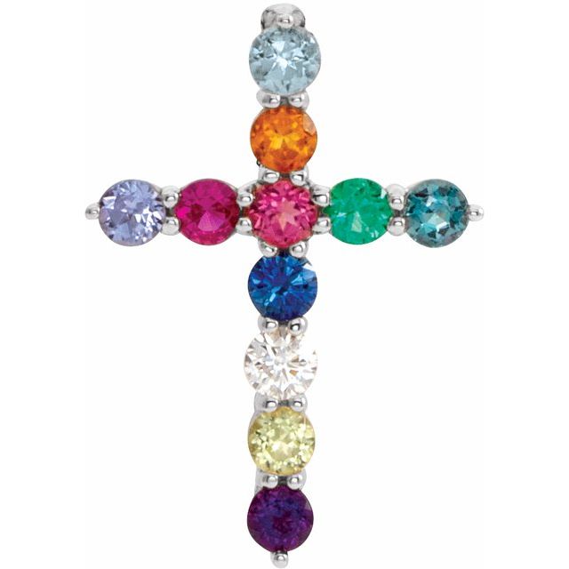 14K White Natural Multi-Gemstone & .03 CT Natural Diamond Cross 16-18' Necklace