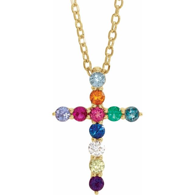 14K Yellow Natural Multi-Gemstone & .03 CT Natural Diamond Cross 16-18' Necklace