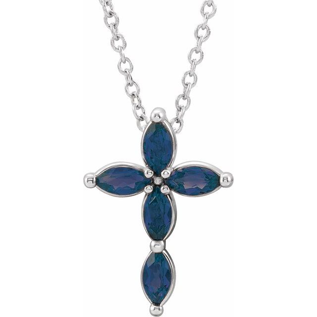 14K White Natural Blue Sapphire Cross 16-18' Necklace