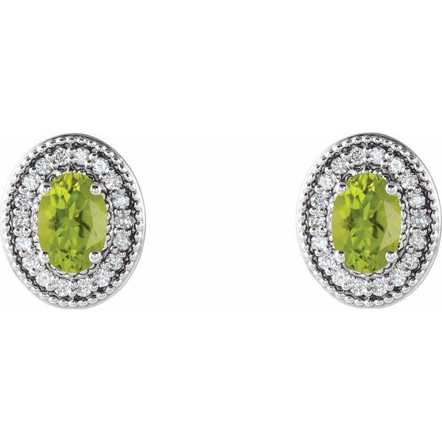 14K White 7x5 mm Natural Peridot & 1/6 CTW Natural Diamond Halo-Style Earrings