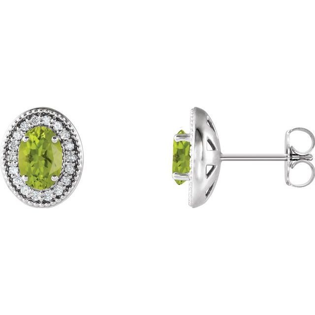 14K White 7x5 mm Natural Peridot & 1/6 CTW Natural Diamond Halo-Style Earrings