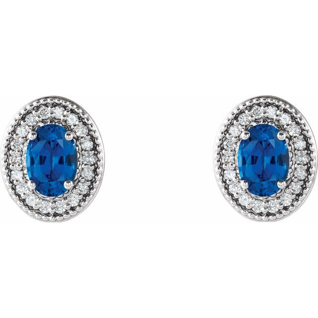 14K White 6x4 mm Natural Blue Sapphire & 1/5 CTW Natural Diamond Halo-Style Earrings