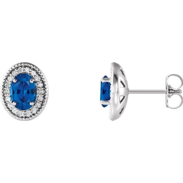 14K White 6x4 mm Natural Blue Sapphire & 1/5 CTW Natural Diamond Halo-Style Earrings