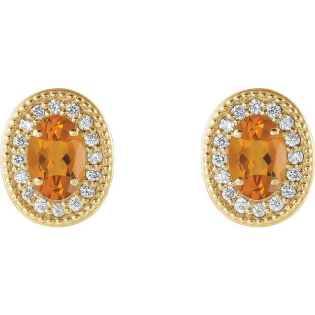 14K Yellow 7x5 mm Natural Citrine 1/6 CTW Natural Diamond Halo-Style Earrings
