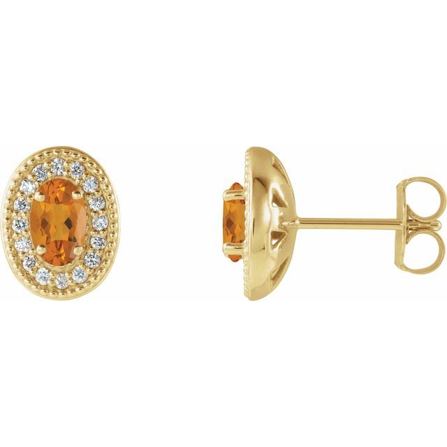 14K Yellow 7x5 mm Natural Citrine 1/6 CTW Natural Diamond Halo-Style Earrings