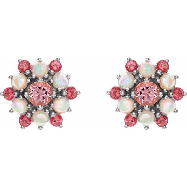 14K White Natural Pink Tourmaline & Natural Ethiopian Opal Cabochon Earrings