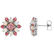 14K White Natural Pink Tourmaline & Natural Ethiopian Opal Cabochon Earrings