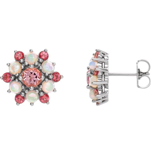 14K White Natural Pink Tourmaline & Natural Ethiopian Opal Cabochon Earrings