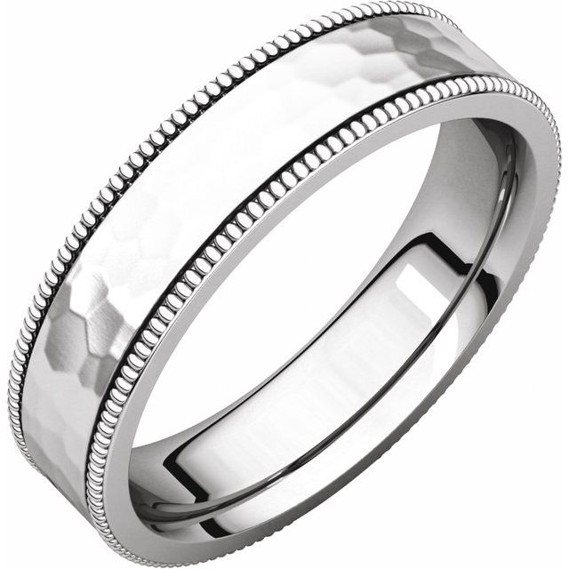 14k White 5 Mm Flat Milgrain Band With Satin & Hammered Texture Size 11